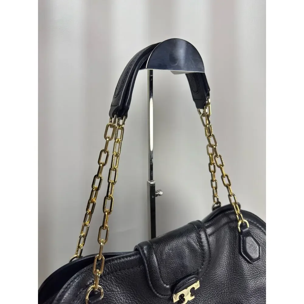 Tory Burch Amanda Black Pebbled Leather Hobo Satchel Shoulder Bag Gold Chain T